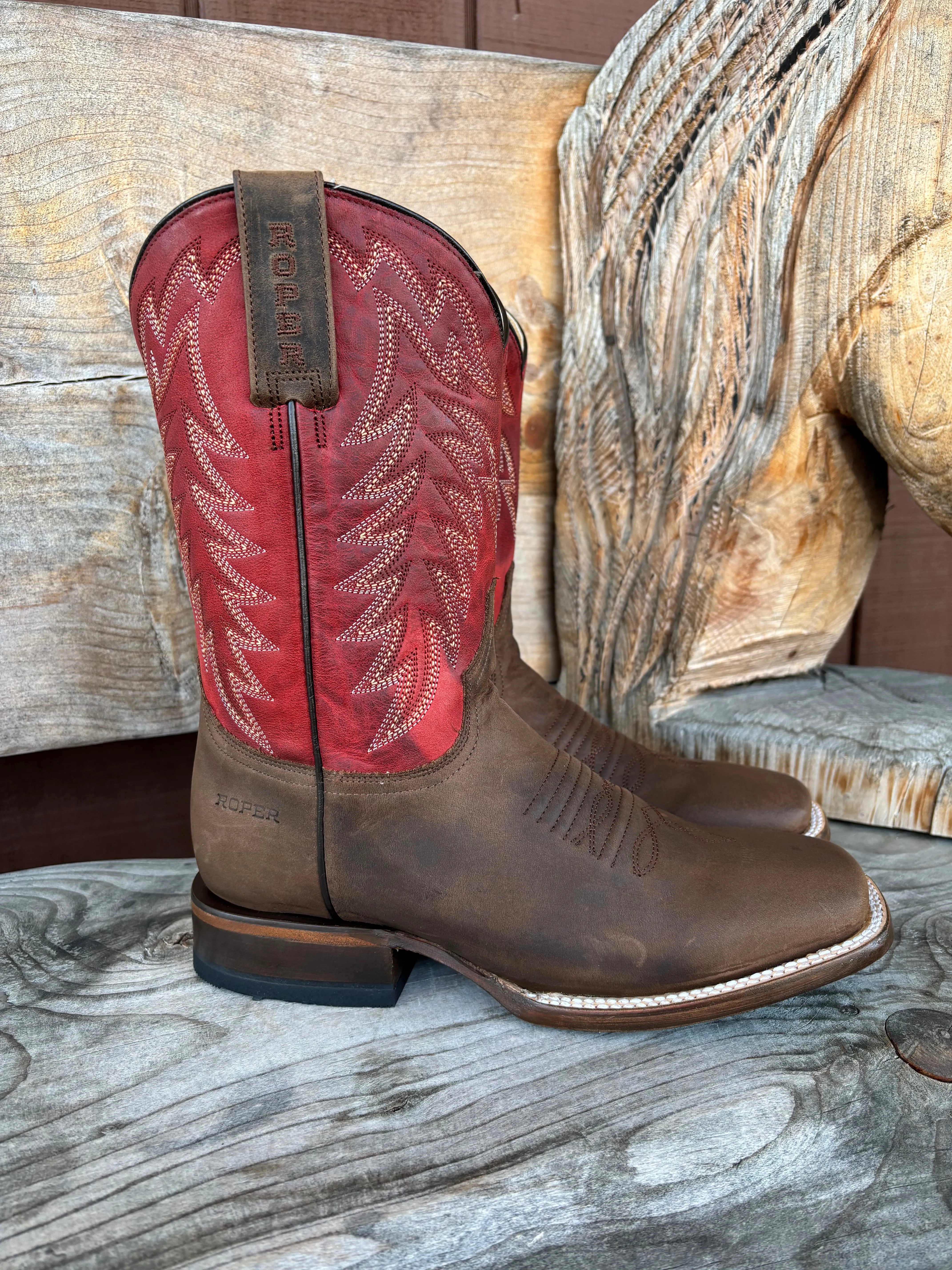 Roper Men's Burnish Brown & Red Square Toe Western Cowboy Boots 9201-8662