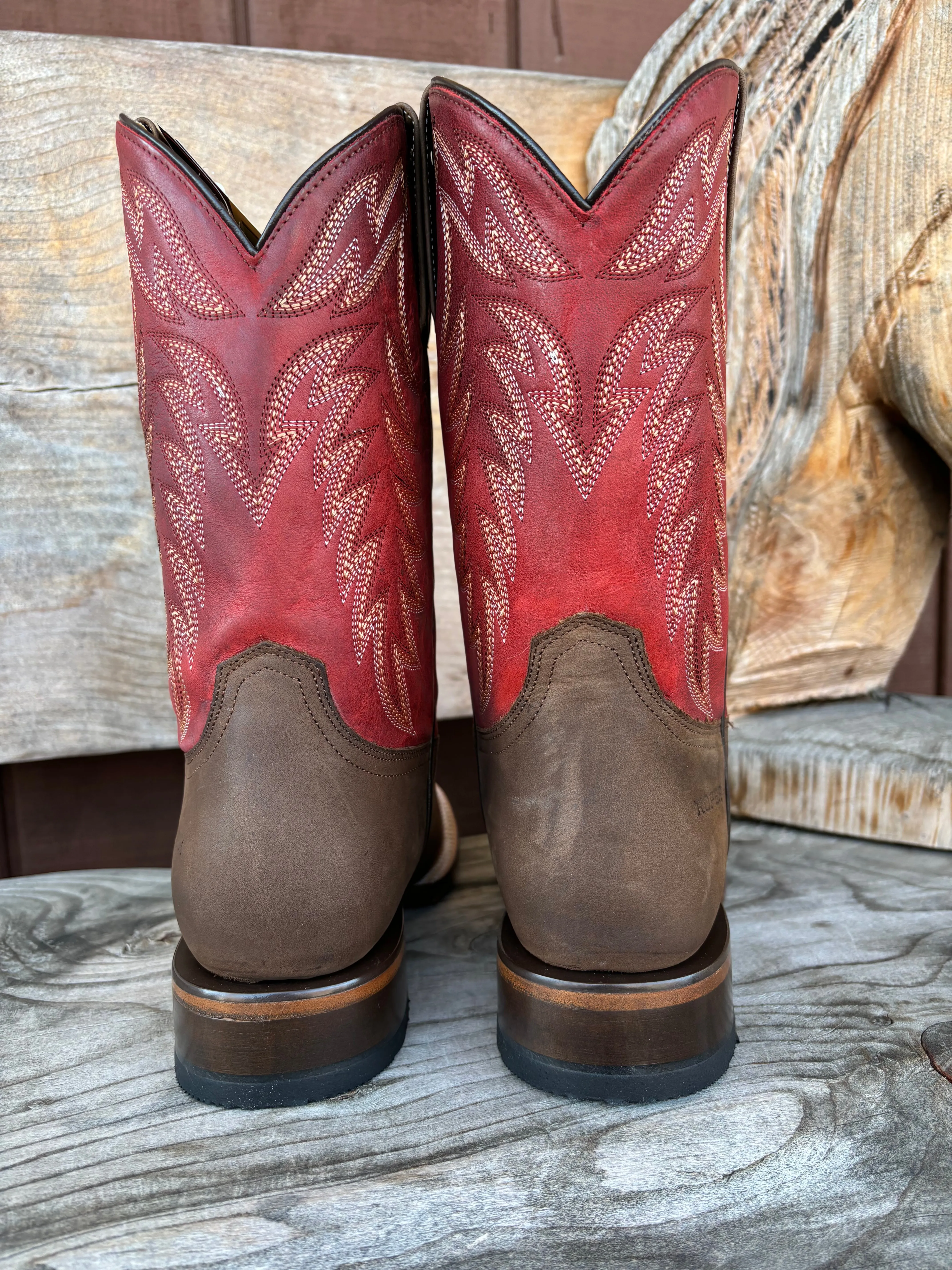 Roper Men's Burnish Brown & Red Square Toe Western Cowboy Boots 9201-8662