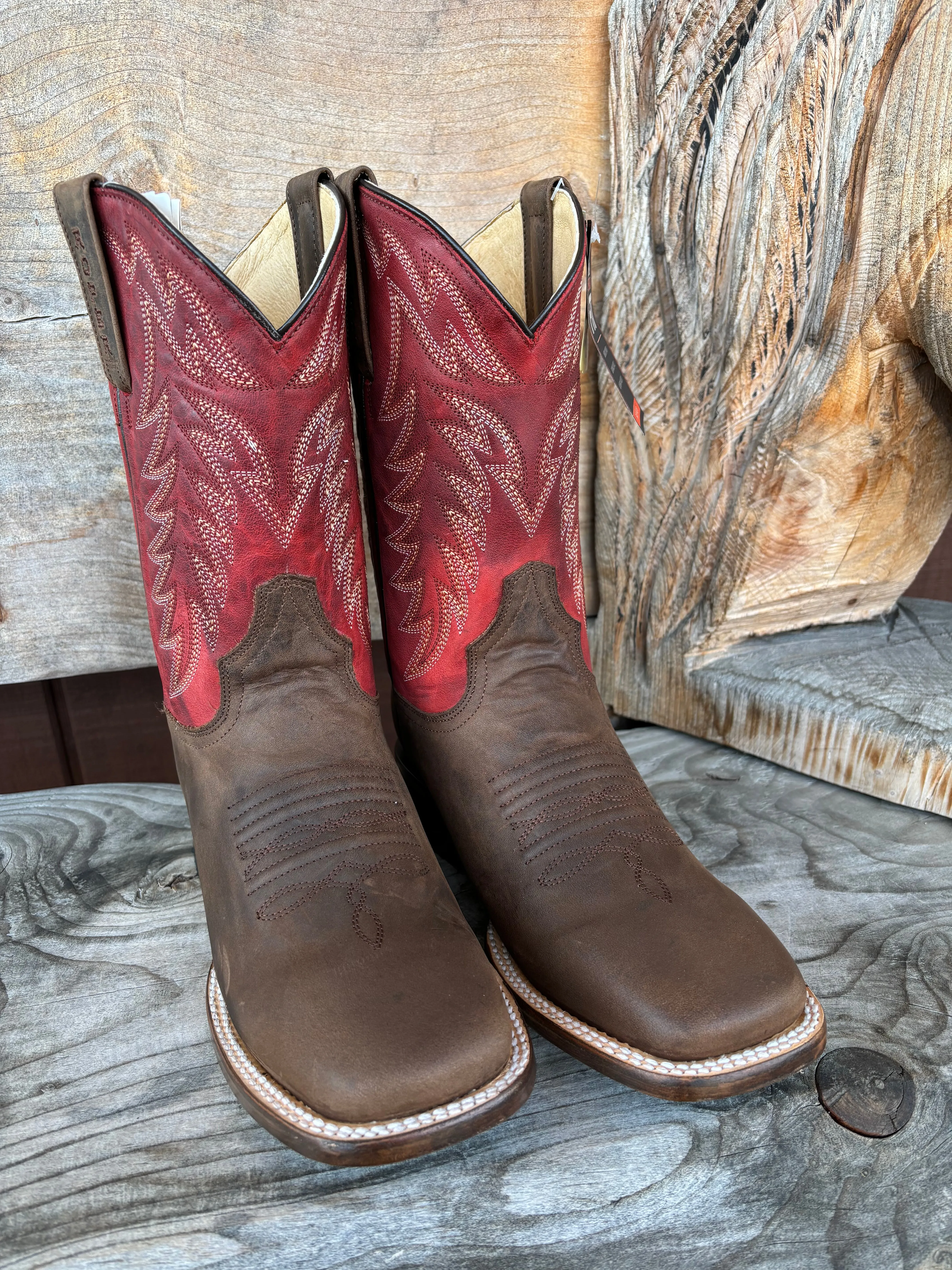 Roper Men's Burnish Brown & Red Square Toe Western Cowboy Boots 9201-8662