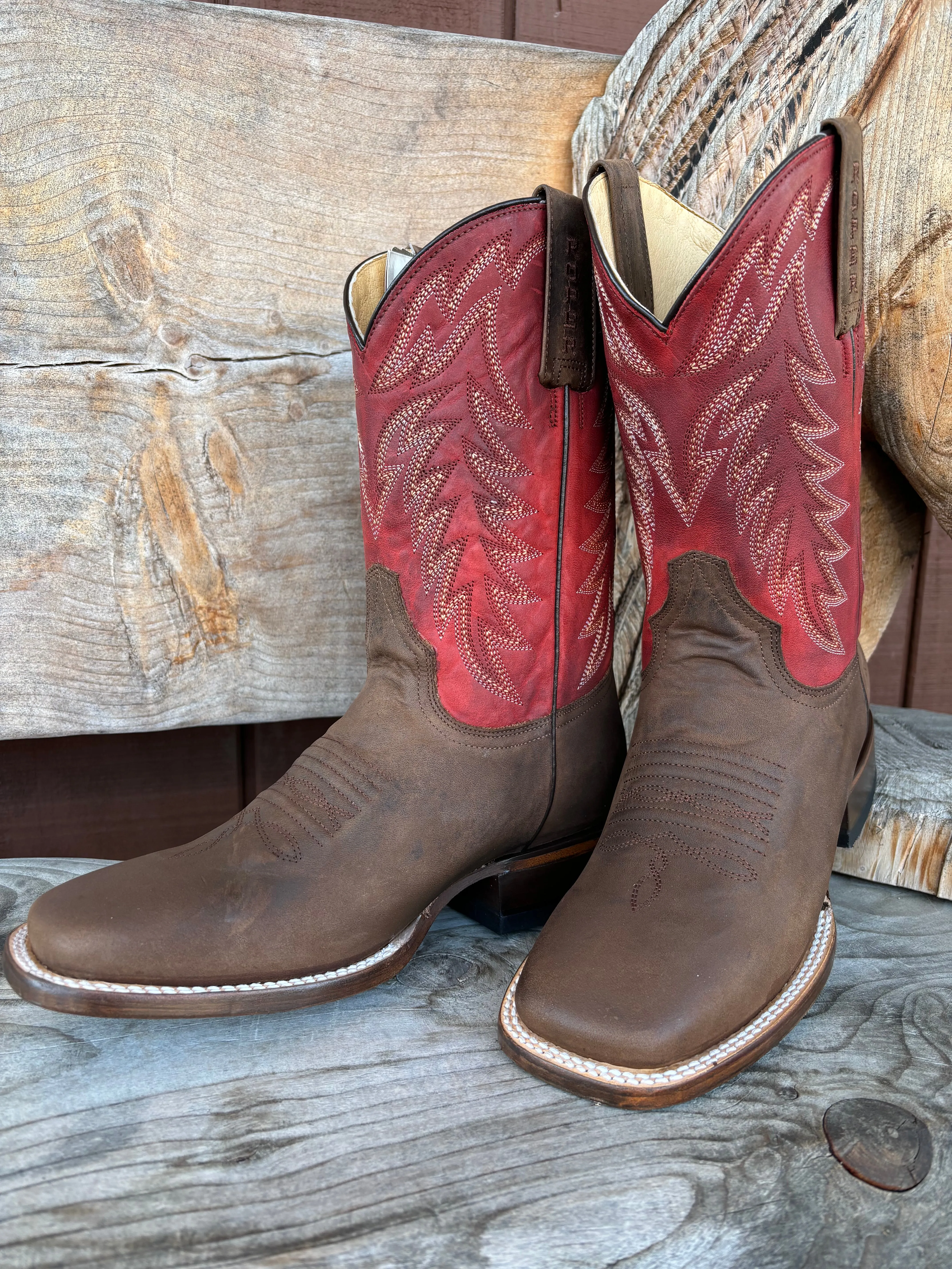 Roper Men's Burnish Brown & Red Square Toe Western Cowboy Boots 9201-8662