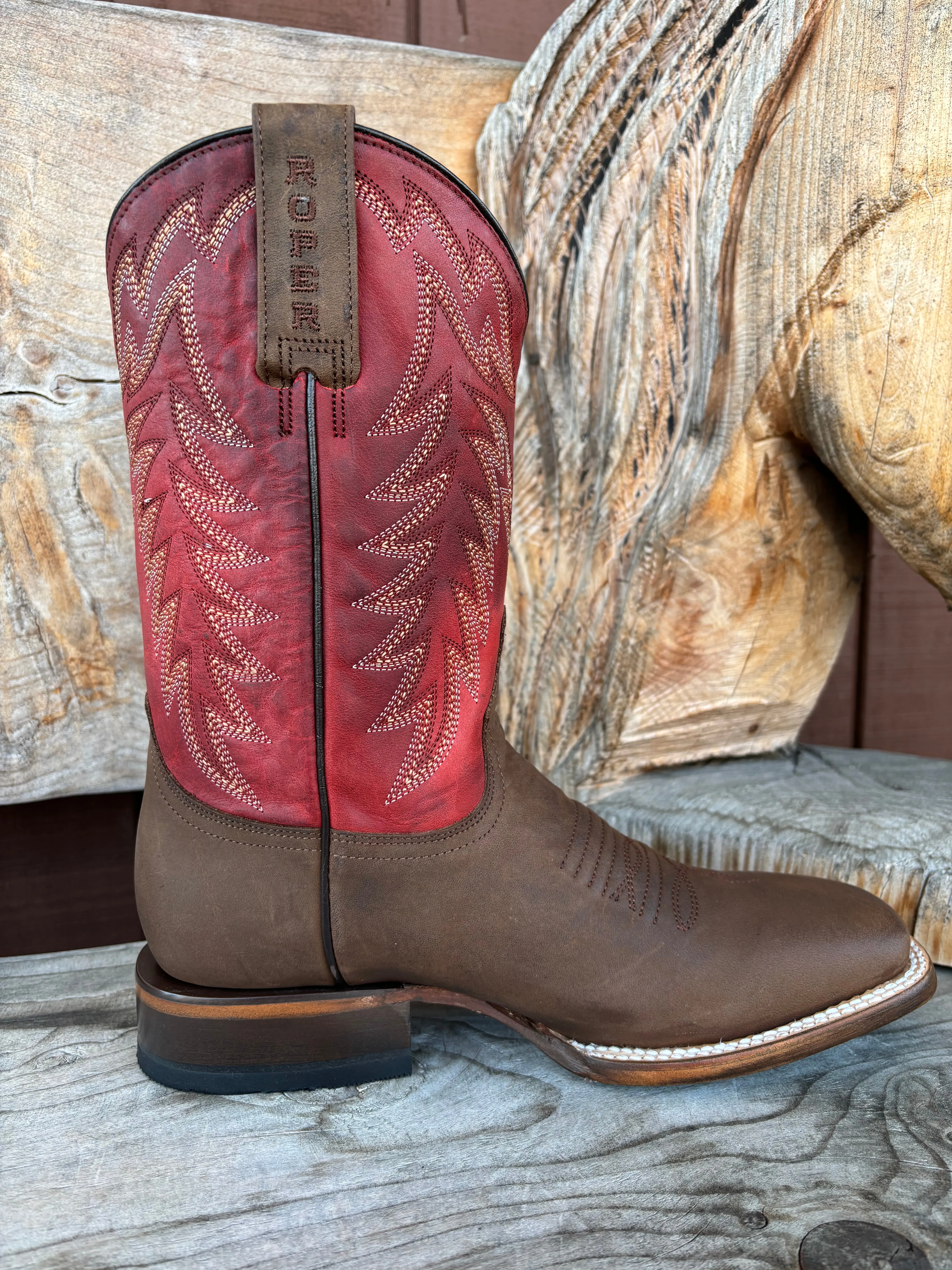 Roper Men's Burnish Brown & Red Square Toe Western Cowboy Boots 9201-8662