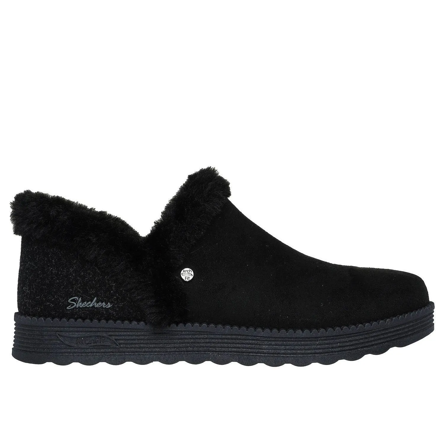 Skechers 167660 Arch Fit Dream - Win Faux Fur Ladies Black Textile Arch Support Pull On Slippers