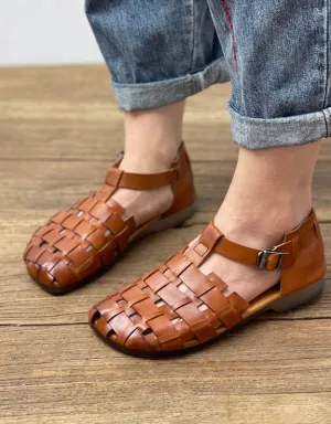 Square Toe Soft Leather Woven Fishermen Sandals