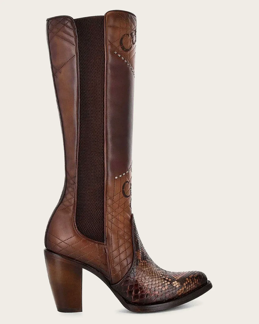 Tall engraved brown exotic boot