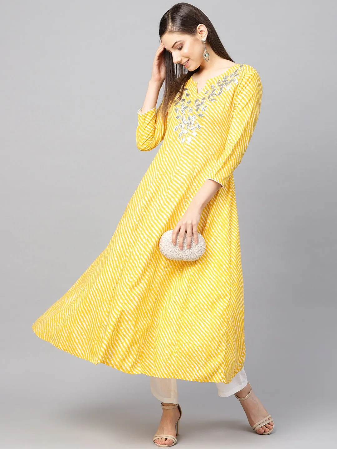 Women Yellow & Off-White Printed Kurta