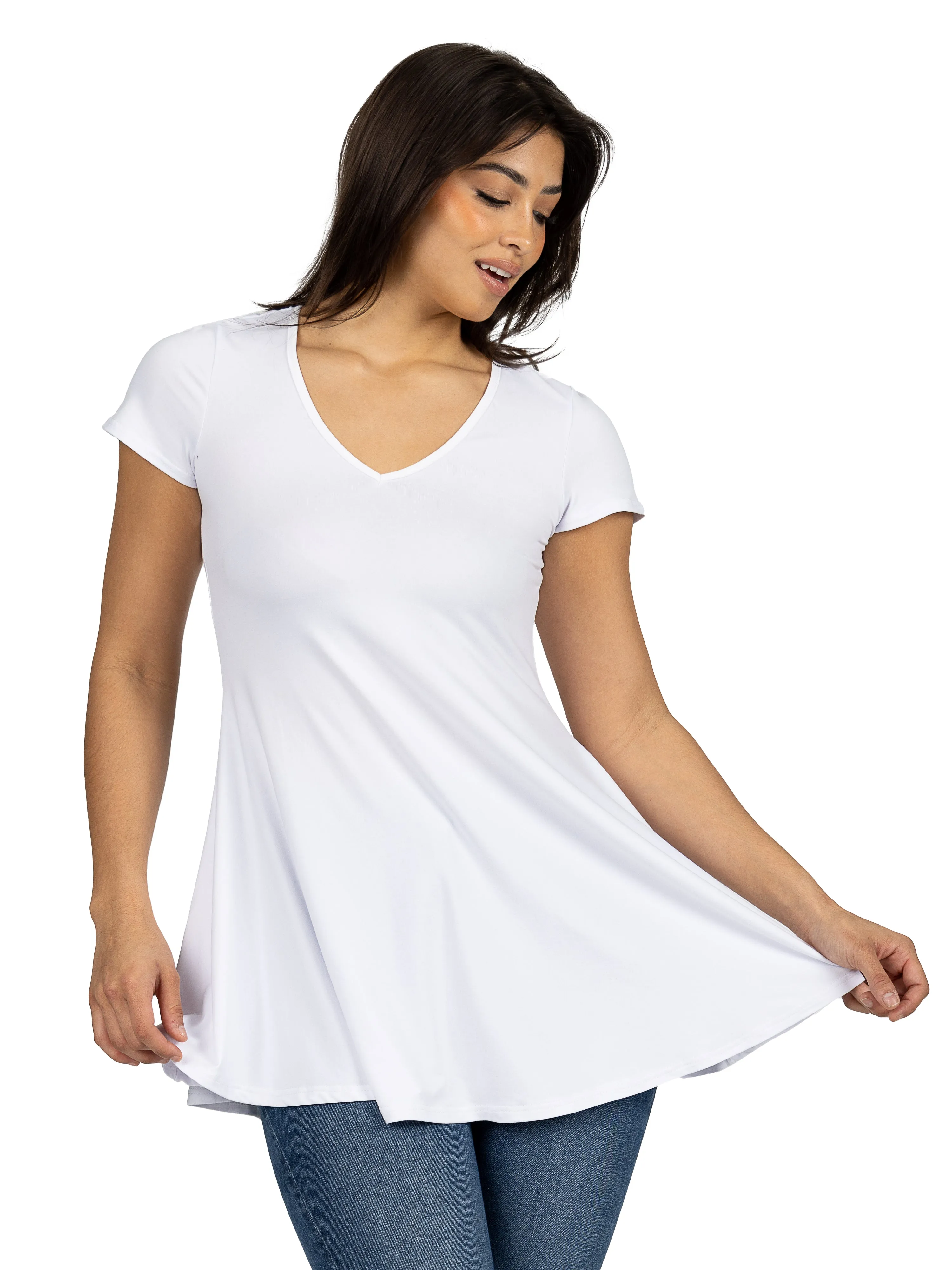 Women's Short Sleeve Loose Fit Tunic Top with V Neck