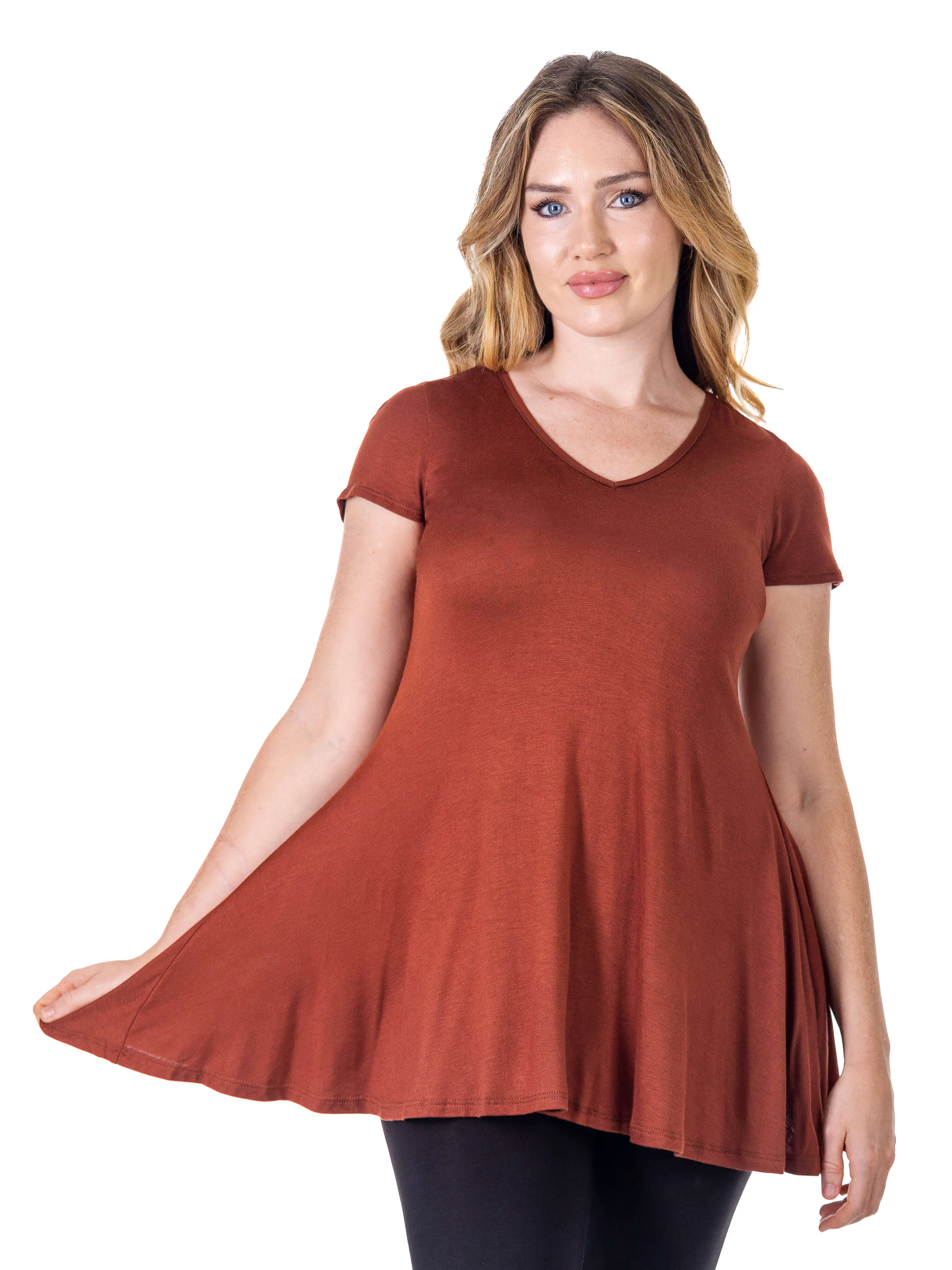 Women's Short Sleeve Loose Fit Tunic Top with V Neck