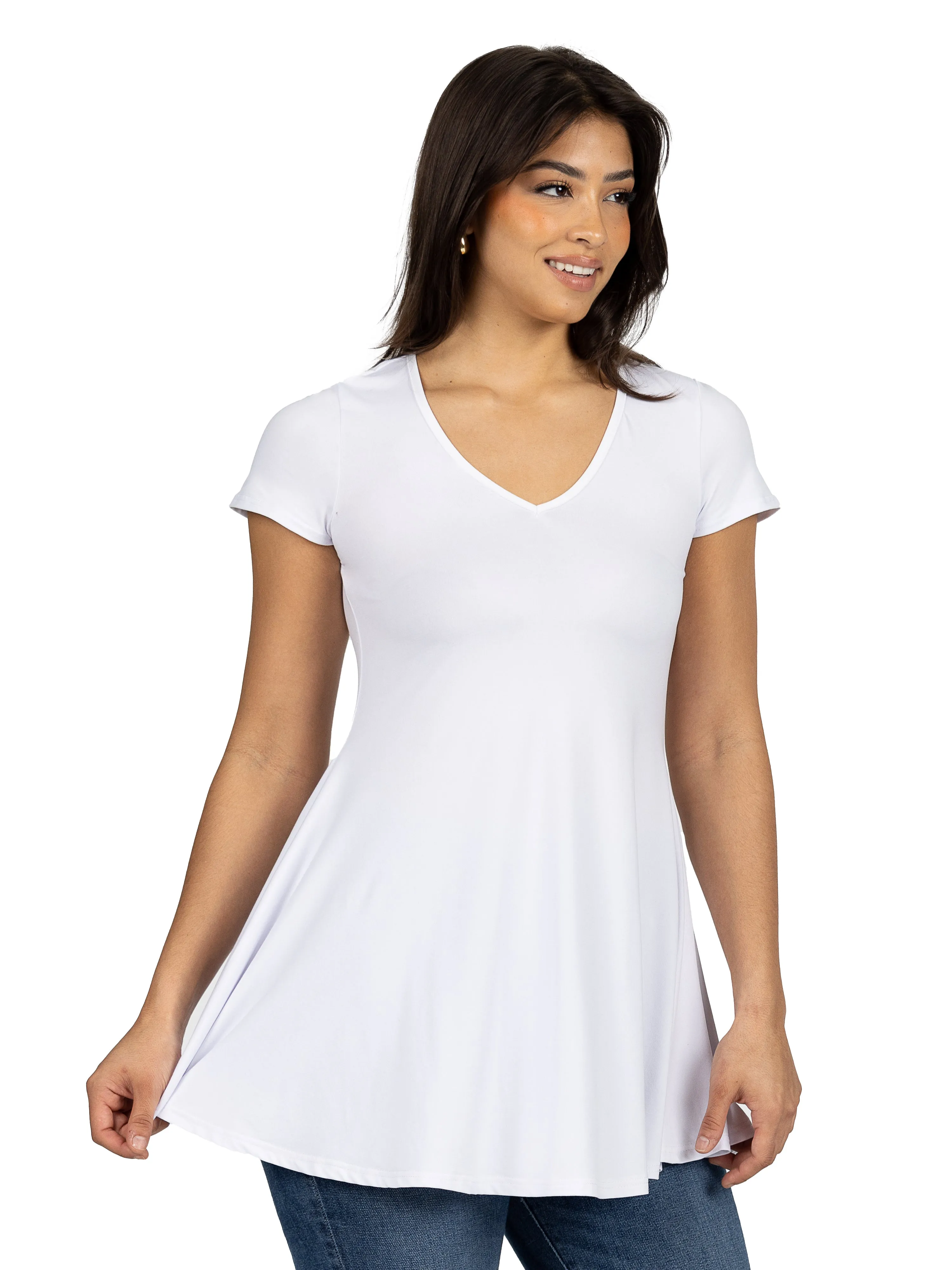 Women's Short Sleeve Loose Fit Tunic Top with V Neck